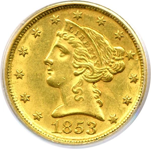 image for: 1853-D $5 PCGS/CAC AU58 Large D