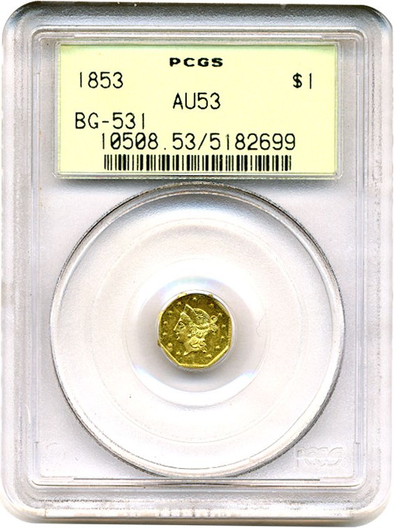 image for: Cal Gold: 1853 $1 PCGS AU53 OGH (BG-531)