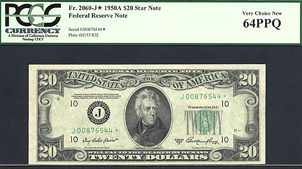 image for: 1950A * Star * $20 PCGS Choice CU64 PPQ (Fr.2060J, J Block)