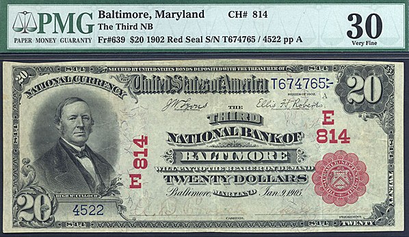 image for: 1902 $20 Third NB of Baltimore, MD  PMG VF30 (Fr.639, Red Seal, Charter #814)