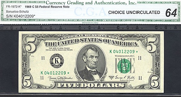 image for: 1969C $5 Dark Green Seal PCGS Choice CU64  [K04012209] (Fr.1972K *Star*) 