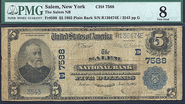 image for: 1902 $5 Salem NB, NY PMG VG8 (Fr.598, Plain Back)