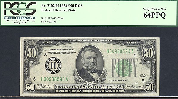 image for: Fr.2102H 1934 $50  PCGS Choice CU64 PPQ  [H00938593A]