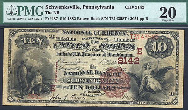 image for: Fr.487 1882 $10 2nd Charter Period, 1st Issue, Brown Back Schwenksville, PA PMG VF20  [t314358t]