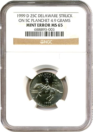 image for: Mint Error: 1999-D 25c Delaware NGC MS65 - Struck on a 5c Planchet (4.9g)