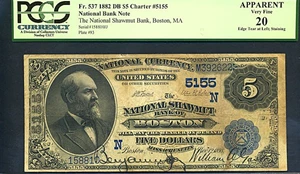 image for: 1882 $5 Shawmut Bank of Boston PCGS Apparent VF20 (Fr. 537, Charter #5155, Date Back)