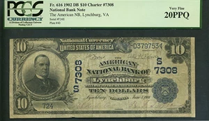 image for: 1902 $10 ANB of Lynchburg, VA PCGS VF20 PPQ (Fr.616, Ch #7308, Dateback)