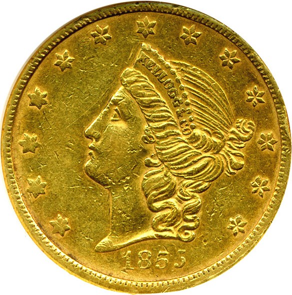 image for: 1855 $20  ANACS AU50 ex: Kellogg & Co
