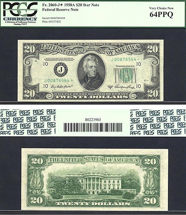 image for: 1950A * Star * $20 PCGS Choice CU64 PPQ (Fr.2060J, J Block)