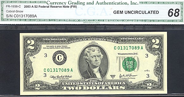 image for: Fr.1938C 2003 $2 Ft. Worth, TX CGA Gem CU68  [C01317089A]
