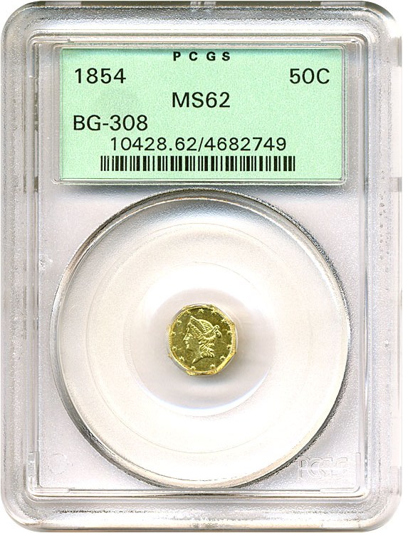 image for: Cal Gold: 1854 50c PCGS MS62 OGH (BG-308)