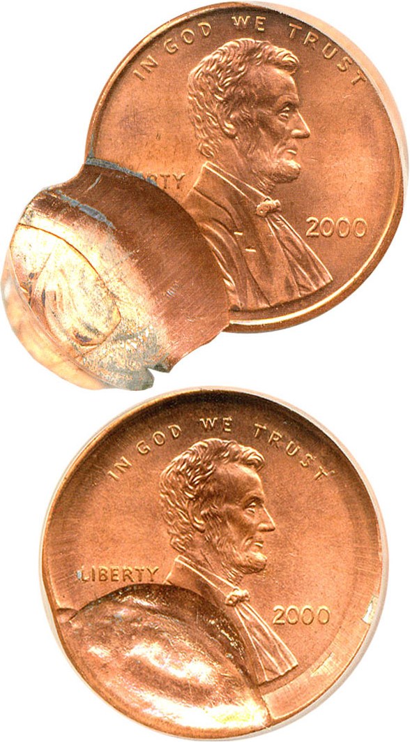 image for: Mint Error: 2000 1c SEGS MS64/66 - Mated Pair of Broadstruck/Part Brockage pennies