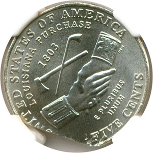 image for: Mint Error: 2004-P 5c Peace Medal NGC MS66 - 8% Straight Clip (4.6g)