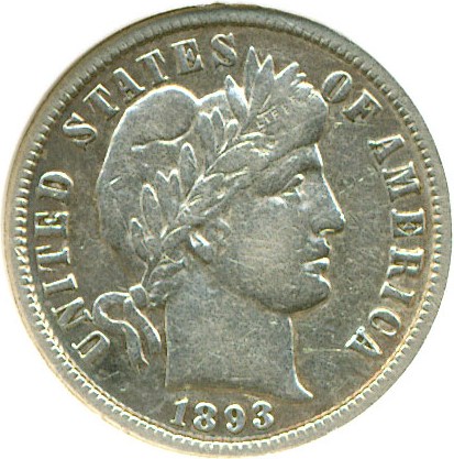 image for: 1893-O 10c DGS VF35  (Cleaned, Light Scratch Obverse)