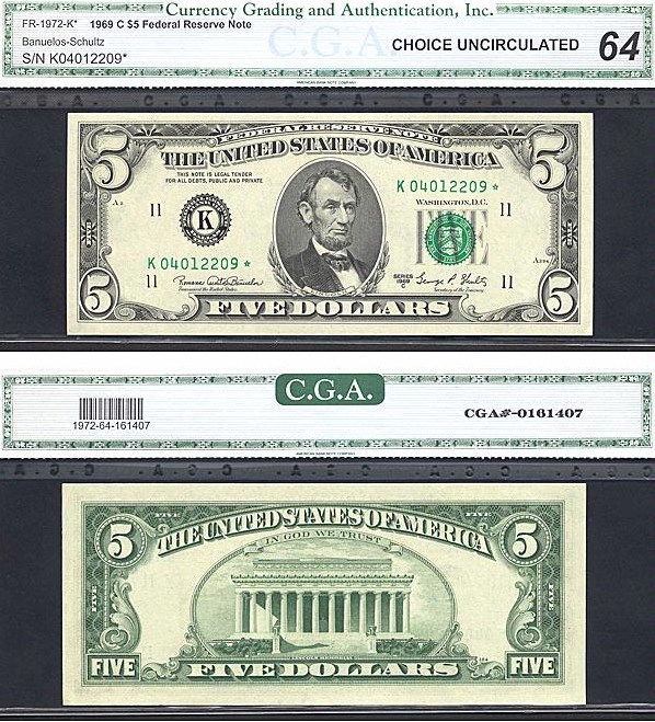 image for: 1969C $5 Dark Green Seal PCGS Choice CU64  [K04012209] (Fr.1972K *Star*) 