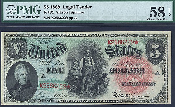 image for: Fr.64 1869 $5 Woodchopper PMG AU58 EPQ  [K2586229]