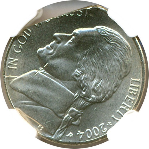 image for: Mint Error: 2004-P 5c Peace Medal NGC MS66 - 8% Straight Clip (4.6g)