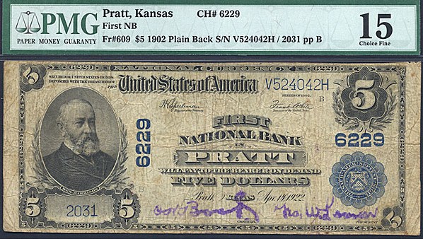 image for: 1902 $5 Nat'l Bank of Pratt, KS PMG F15 (Fr.609, Charter #6229, Plain Back)