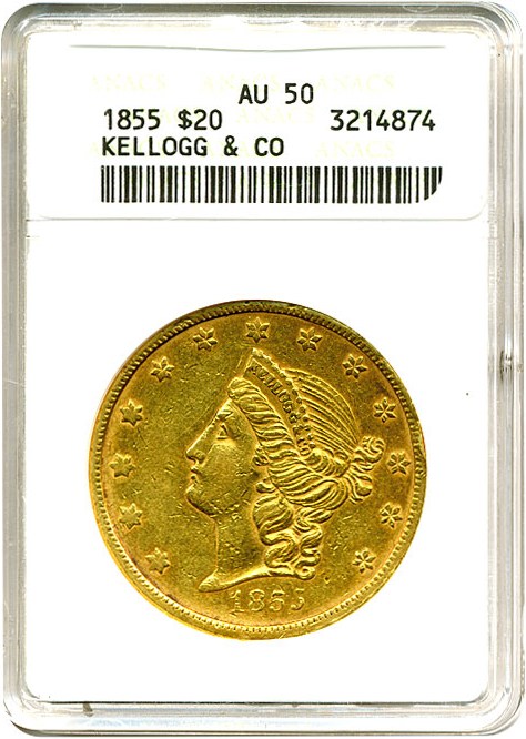 image for: 1855 $20  ANACS AU50 ex: Kellogg & Co