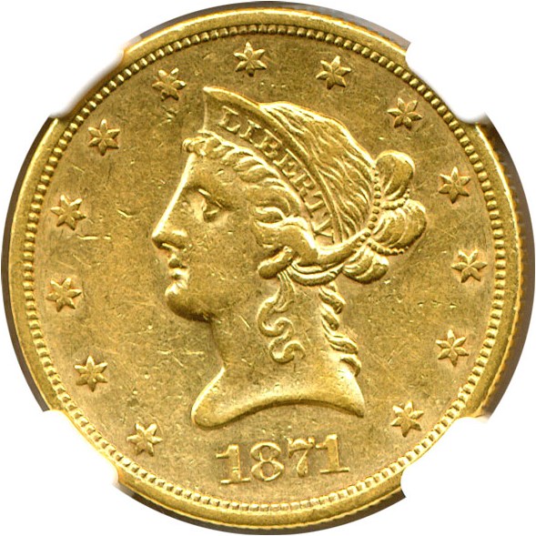 image for: 1871-S $10  NGC AU53