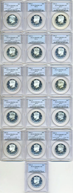 image for: 1976, 1992-2006-S 50c Kennedy Half Silver Proof Set (16 coins) PCGS Proof 69 DCameo