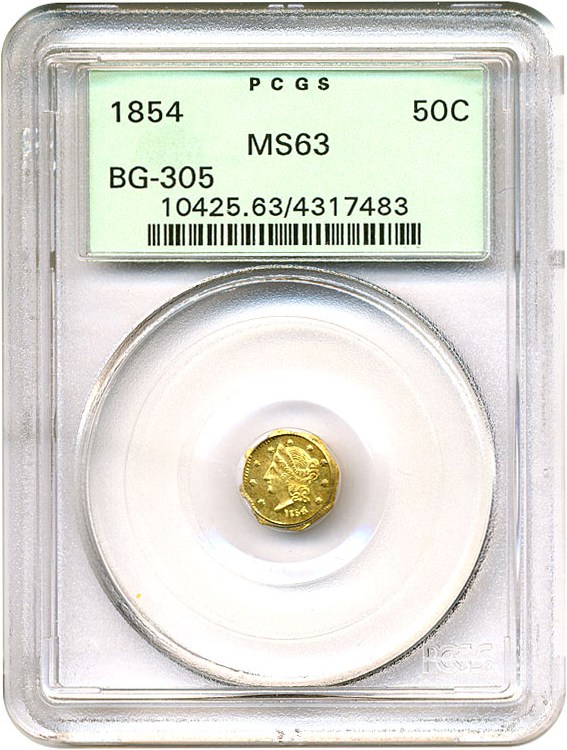 image for: Cal Gold: 1854 50c PCGS MS63 OGH (BG-305)