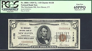 image for: Serial #1: 1929 $5 Merchants NB of New Haven, CT PCGS Gem CU65 (Charter #1128)