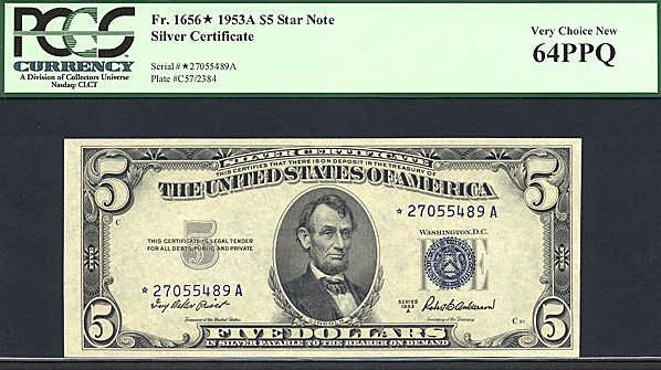 image for: 1953A $5  PCGS Choice CU64 PPQ  [27055489A](Fr.1656  *Star* )