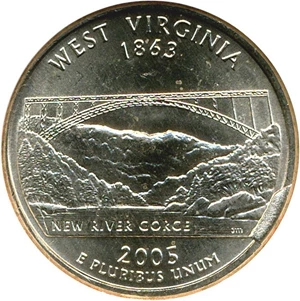 image for: Mint Error: 2005-D 25c West Virginia NGC MS66 - Reverse Die Break @ 4:00