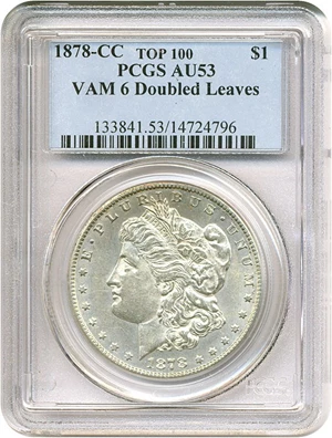 image for: Top 100 VAM: 1878-CC $1 PCGS AU53 (VAM 6 Doubled Leaves)