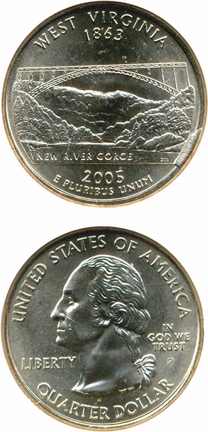 image for: Mint Error: 2005-D 25c West Virginia NGC MS66 - Reverse Die Break @ 4:00