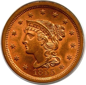 image for: 1855 1c Upright 55 PCGS MS65 RD OGH