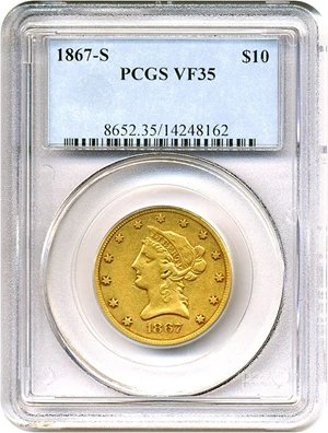 image for: 1867-S $10 PCGS VF35