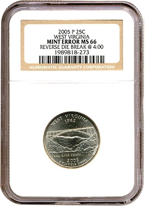image for: Mint Error: 2005-D 25c West Virginia NGC MS66 - Reverse Die Break @ 4:00