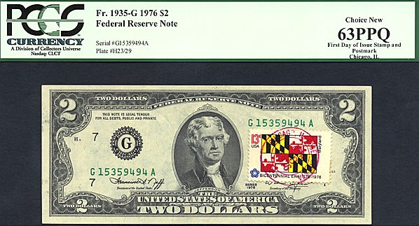 image for: 1976 $2  PCGS Choice CU63 PPQ First Day of Issue Stamp & Postmark Chicago, IL