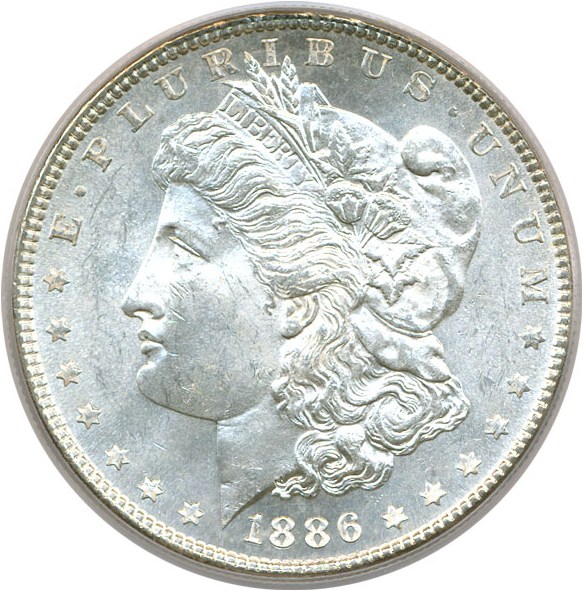 image for: Top 100 VAM: 1886 $1  PCGS MS64 (VAM 21  Line in M  MPD)