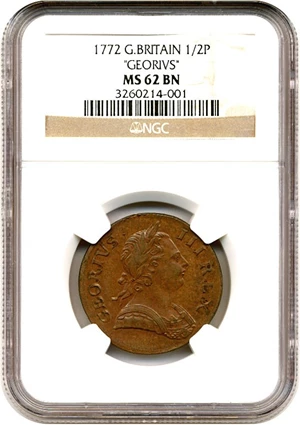 image for: Great Britain: 1772 1/2 D GEORIVS NGC MS62 BN