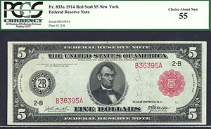 image for: 1914 $5 New York PCGS AU55 (Fr.833a, Red Seal)