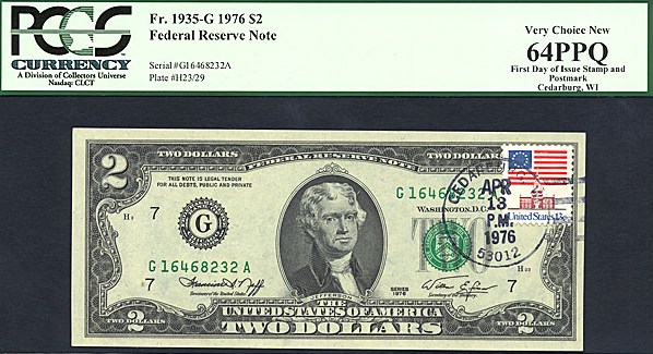 image for: 1976 $2 PCGS Choice CU64 PPQ First Day of Issue Stamp & Postmark Cedarburg, WI[G16468232A](Fr.1935G)