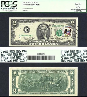 image for: 1976 $2 PCGS Gem CU65 First Day of Issue Stamp & Postmark Salisbury, PA