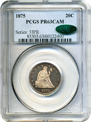 image for: 1875 20c PCGS/CAC Proof 63 Cameo
