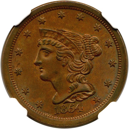 image for: 1854 1/2c  NGC MS62 BN (C-1)