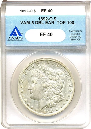 image for: Top 100 VAM: 1892-O $1 ANACS XF40 (VAM-5 DBL Ear)