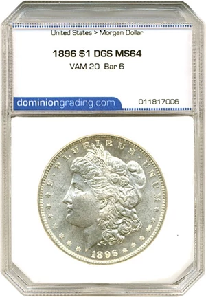 image for: Hot 50 VAM: 1896 $1 DGS MS64 (VAM 20 Bar 6)