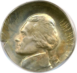 image for: Mint Error: No Date Jefferson 5c PCGS MS62 - Struck on 10c Planchet & Broadstruck * Color *