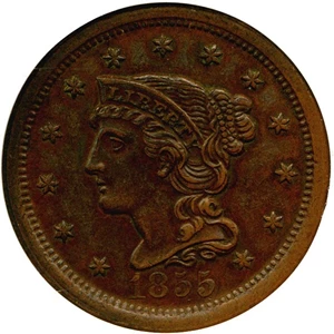 image for: 1855 1c Upright 55 NGC AU55 BN