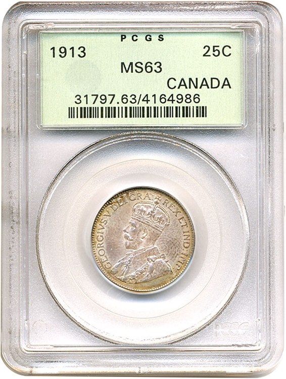image for: Canada: 1913 25C  PCGS MS63 OGH