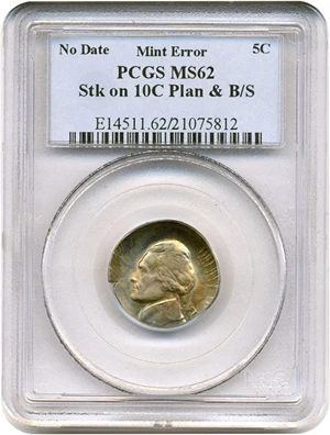 image for: Mint Error: No Date Jefferson 5c PCGS MS62 - Struck on 10c Planchet & Broadstruck * Color *