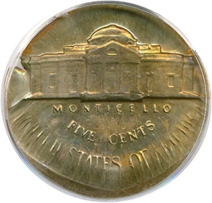 image for: Mint Error: No Date Jefferson 5c PCGS MS62 - Struck on 10c Planchet & Broadstruck * Color *