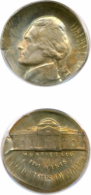 image for: Mint Error: No Date Jefferson 5c PCGS MS62 - Struck on 10c Planchet & Broadstruck * Color *
